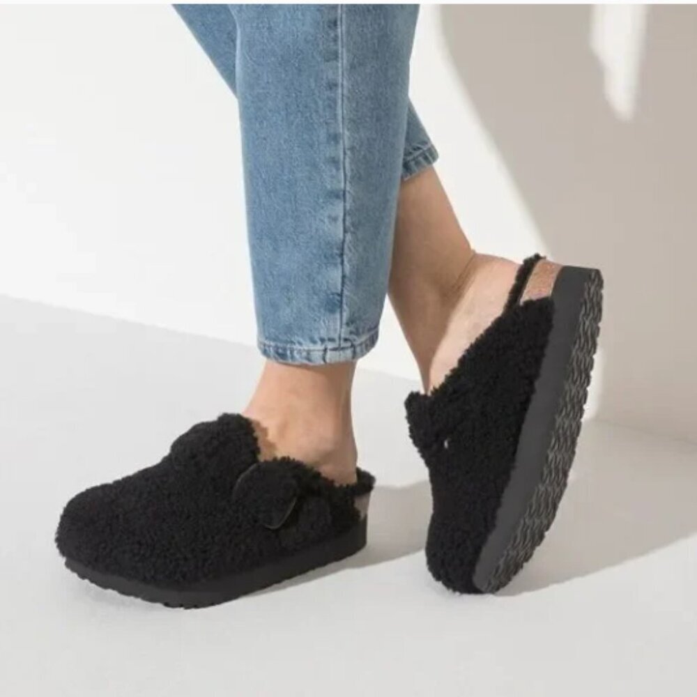 New In Box Birkenstock Boston Big Buckle Shearling Teddy Black Size 40 US L9 M7